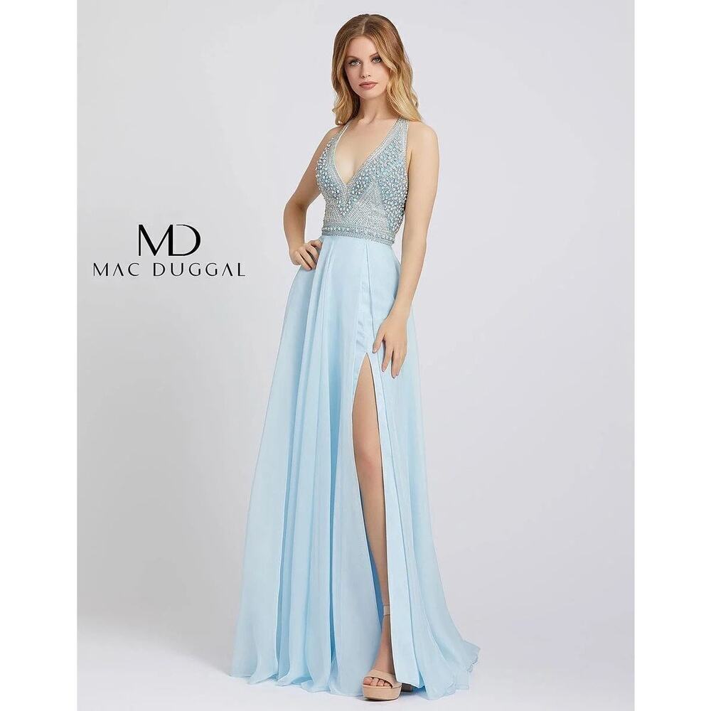 Mac Duggal Long Party Elsa Gown Beaded Bodice Ice Blue Size 8 New With Defects